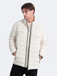 Zimowa kurtka męska z odpinanym kapturem - kremowa V2 OM-JAHP-0150 - XXL. Białe kurtki Ombre Clothing, na zimę, l, bez wzorów. W wyprzedaży za 129.99 zł.