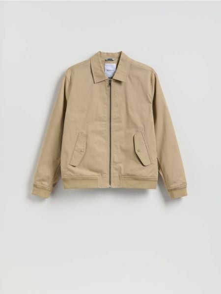 Kurtka bomberka z kołnierzem - beżowy. Brązowe kurtki Reserved, l, bez wzorów, z bawełny, bez kaptura. Za 159.99 zł.