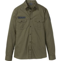 Koszula z długim rękawem i nadrukiem na plecach Slim Fit bonprix ciemnooliwkowy. Koszule bonprix. Za 54.99 zł.
