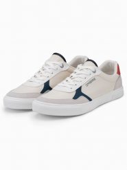 Buty męskie sneakersy z kolorowymi akcentami - białe V1 OM-FOTL-0146 - 40. Białe buty sportowe casual Ombre Clothing, bez wzorów, z gumy, bez zapięcia. W wyprzedaży za 79.99 zł.