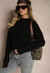 Czarny Sweter z Dekoltem na Plecach z Ozdobnym Splotem Torleana. Czarne swetry nierozpinane Renee, m, bez wzorów, z jeansu, bez kołnierzyka, bez ramiączek. Za 129.99 zł.