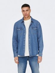 ONLY & SONS Koszula dżinsowa - Regular fit - w kolorze niebieskim rozmiar: M. Niebieskie koszule Only & Sons, m, bez wzorów, z bawełny, bez kołnierzyka, bez ramiączek. Za 110.55 zł.