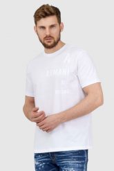 ARMANI EXCHANGE Biały t-shirt męski z białym logo. Białe t-shirty Armani Exchange, l, bez wzorów, prążkowane, bez kołnierzyka, bez ramiączek. W wyprzedaży za 169.99 zł.