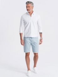 Spodenki męskie denimowe w delikatny prążek - jasnoniebieskie V1 OM-SRDS-0129 - XXL. Niebieskie szorty Ombre Clothing, l, z aplikacjami, z bawełny, biznesowe. W wyprzedaży za 99.99 zł.