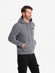 Męska bluza dresowa kangurka z kapturem i metalowym pinem – szara V1 OM-SSNZ-0141 - XXL. Szare bluzy Ombre Clothing, l, bez wzorów, z bawełny, z kapturem. W wyprzedaży za 89.99 zł.