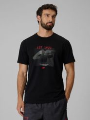 4F T-shirt regular z nadrukiem męski - czarny M. Czarne t-shirty 4F, m, bez wzorów, z materiału, bez kołnierzyka, bez ramiączek. Za 69.99 zł.