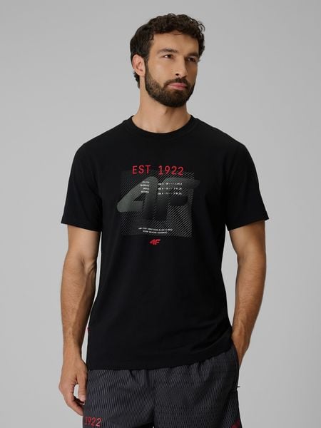 4F T-shirt regular z nadrukiem męski - czarny M. Czarne t-shirty 4F, bez wzorów, z materiału, bez ramiączek, na fitness i siłownię. Za 69.99 zł.