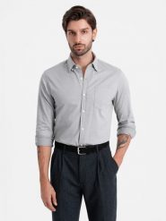 Koszula męska SLIM FIT z ozdobnej tkaniny z kieszonką – szara V2 OM-SHCS-0174 - XXL. Szare koszule Ombre Clothing, l, bez wzorów, z bawełny, bez kołnierzyka, bez ramiączek. W wyprzedaży za 119.99 zł.