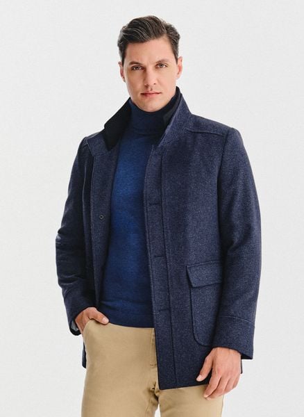 PAKO LORENTE – Granatowy płaszcz męski. Niebieskie płaszcze Pako Lorente, na jesień, m, bez wzorów, z poliesteru, bez kaptura. Za 499.99 zł.