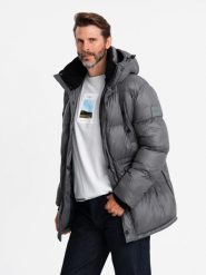 Długa kurtka męska puffer z zapinanymi kieszeniami – grafitowa V1 OM-JALJ-0186 - XXL. Szare kurtki Ombre Clothing, l, z aplikacjami, z materiału. W wyprzedaży za 249.99 zł.