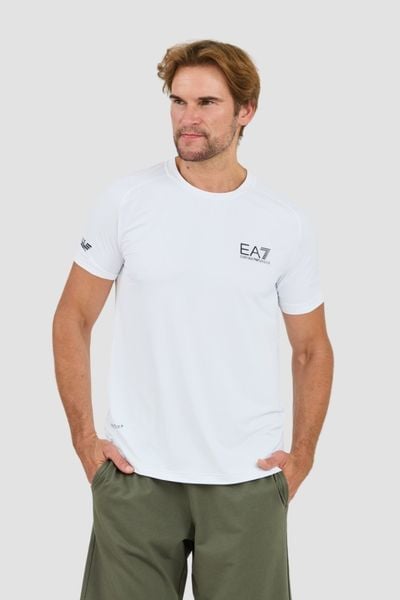 EA7 Biały męski t-shirt Ventus 7, Rozmiar L. Białe t-shirty EA7 Emporio Armani, l, bez wzorów, bez kołnierzyka, bez ramiączek. W wyprzedaży za 170.99 zł.