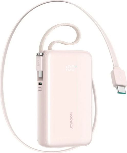 Joyroom JR-PR2L 10000 mAh 35W z wbudowanym zwijanym kablem USB-C różowy. Czerwone powerbanki . Za 139.90 zł.