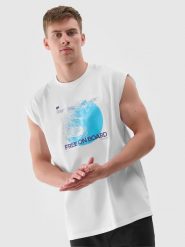 4F Tank top oversize z nadrukiem męski - biały XL. Białe bezrękawniki 4F, m, bez wzorów, z bawełny, bez kołnierzyka, bez ramiączek. W wyprzedaży za 39.99 zł.