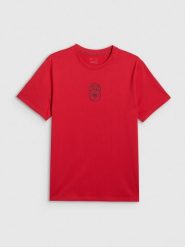 4F T-shirt regular z nadrukiem męski - czerwony M. Czerwone t-shirty 4F, m, bez wzorów, z bawełny, bez kołnierzyka, bez ramiączek. Za 59.99 zł.