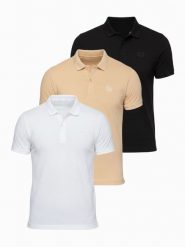 Komplet męskich bawełnianych t-shirtów polo BASIC – czarny/biały/beżowy V7 - Rozmiar: XL. Białe koszulki polo Ombre Clothing, m, bez wzorów, z bawełny, bez kołnierzyka, bez ramiączek. Za 249.99 zł.