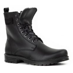 Polbut Sztyblety męskie militarne polskie skóra 2118S czarne. Czarne botki sznurowane bez wzorów, ze skóry, bez obcasa, bez zapięcia. Za 377.80 zł.
