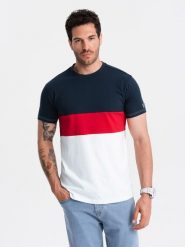 T-shirt męski trójkolorowy w szerokie pasy - granatowo-biały V1 OM-TSCT-0152 - L. Niebieskie t-shirty Ombre Clothing, l, z aplikacjami, z bawełny, bez kołnierzyka, bez ramiączek. W wyprzedaży za 29.99 zł.