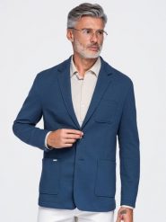 Męska slimowana marynarka SLIM z dzianiny o subtelnej strukturze – niebieska V6 - Rozmiar: XL. Niebieskie garnitury Ombre Clothing, do pracy, l, bez wzorów, z bawełny, biznesowe. Za 379.99 zł.