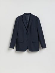 Marynarka slim fit w micro kratę - granatowy. Niebieskie garnitury Reserved, bez wzorów, z elastanu. Za 359.99 zł.