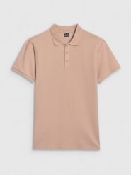 4F Koszulka polo regular męska - beżowa XL. Brązowe koszulki polo 4F, m, bez wzorów, z bawełny, bez kołnierzyka, bez ramiączek. Za 89.99 zł.