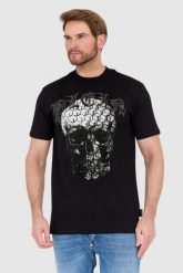 PHILIPP PLEIN Czarny t-shirt zdobiony dżetami z czaszką i logo. Czarne t-shirty Philipp Plein, l, z aplikacjami, bez kołnierzyka, bez ramiączek. W wyprzedaży za 2,499.99 zł.