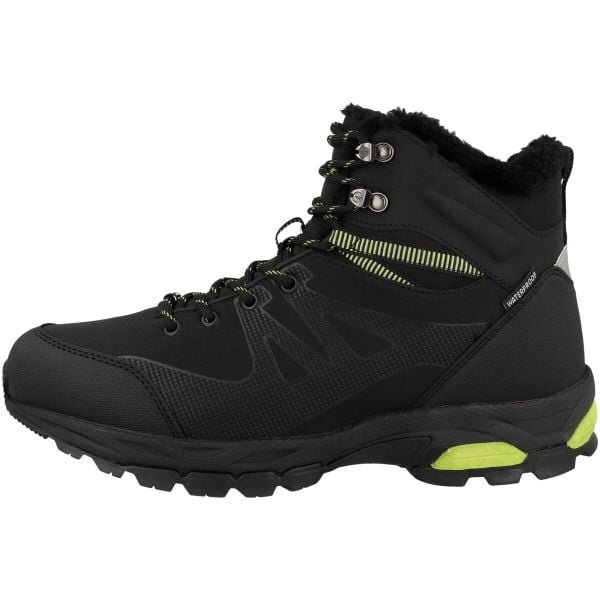 Buty zimowe Hi Tec BLACK LIME JACKDAW WP INSULATED WODOODPORNE OCIEPLANE. Czarne buty trekkingowe Hi-tec, na zimę, bez wzorów, bez zapięcia. W wyprzedaży za 349.00 zł.