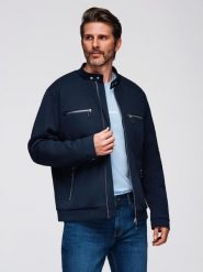 Męska kurtka typu biker ze stójką i kieszeniami – granatowa V1 - Rozmiar: L. Niebieskie kurtki Ombre Clothing, l, bez wzorów, z materiału, bez kaptura. Za 309.99 zł.