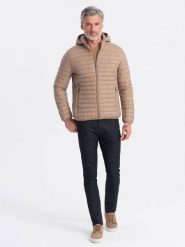 Męska kurtka pikowana pakowana w worek - brązowa V4 OM-JALP-0156 - XXL. Brązowe kurtki Ombre Clothing, l, bez wzorów, z materiału. W wyprzedaży za 159.99 zł.