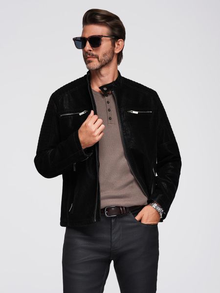 Stylowa męska kurtka biker z eco skóry ze stójką - czarna V2 - Rozmiar: XL. Czarne kurtki Ombre Clothing, m, bez wzorów, z materiału, bez kaptura. Za 425.99 zł.