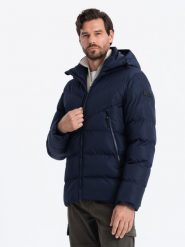 Kurtka męska zimowa z nietypowym pikowaniem - granatowa V4 OM-JAHP-0127 - S. Niebieskie kurtki Ombre Clothing, na zimę, m, bez wzorów, z polaru, bez kaptura. W wyprzedaży za 169.99 zł.