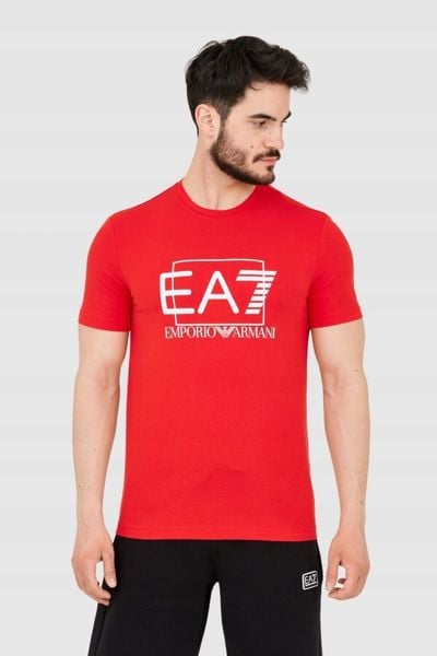 EA7 Czerwony męski t-shirt z dużym białym logo, Rozmiar XXL. Czerwone t-shirty EA7 Emporio Armani, m, bez wzorów, bez kołnierzyka, bez ramiączek. W wyprzedaży za 219.99 zł.