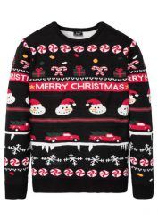 Sweter z bożonarodzeniowym motywem. Czarne swetry nierozpinane bonprix, l, bez wzorów, bez kołnierzyka, bez ramiączek. Za 129.99 zł.