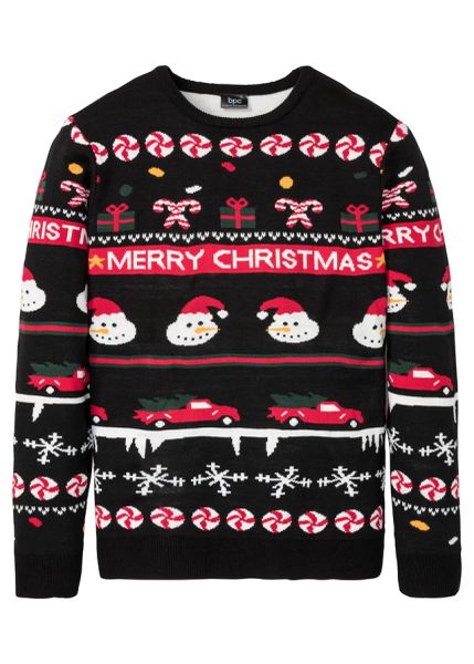 Sweter z bożonarodzeniowym motywem. Czarne swetry nierozpinane bonprix, l, bez wzorów, bez kołnierzyka, bez ramiączek. Za 129.99 zł.