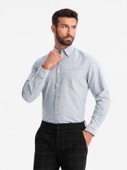 Elegancka koszula męska oxford z haftem i kieszonką – jasnoszara V2 OM-SHOS-0173 - XXL. Szare koszule Ombre Clothing, l, bez wzorów, z bawełny, bez kołnierzyka, bez ramiączek. W wyprzedaży za 109.99 zł.
