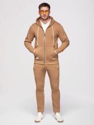 Komplet dresowy męski set bluza rozpinana z kapturem + spodnie z prosta nogawką - brązowy V2. Brązowe bluzy z kapturem Ombre Clothing, m, z aplikacjami, z bawełny, z kapturem. Za 339.99 zł.
