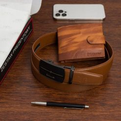 Zestaw prezentowy męski skórzany pasek portfel pudełko premium Beltimore Z52. Brązowe portfele bez wzorów. Za 100.99 zł.