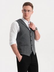 Kamizelka męska garniturowa z kołnierzem - grafitowa V1. Szare garnitury Ombre Clothing, m, bez wzorów, z poliesteru. W wyprzedaży za 169.99 zł.