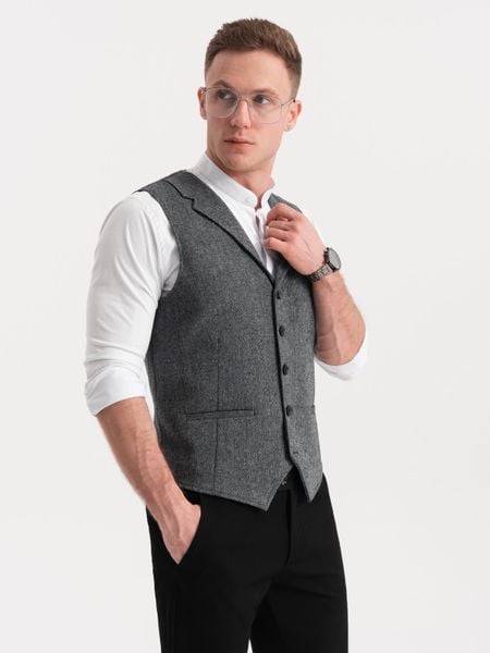 Kamizelka męska garniturowa z kołnierzem - grafitowa V1 - Rozmiar: M. Szare garnitury Ombre Clothing, m, bez wzorów, z poliesteru. W wyprzedaży za 169.99 zł.