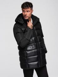 Kurtka pikowana męska z wysokim kołnierzem i kapturem – czarna V1 - Rozmiar: XL. Czarne kurtki Ombre Clothing, na zimę, m, bez wzorów, z materiału. Za 539.99 zł.