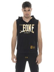 Męska bluza bez rękawów z kapturem i dużym złotym logo Leone 1947. Czarne bluzy z kapturem LEONE 1947 APPAREL, m, bez wzorów, z dżerseju, z kapturem. Za 235.76 zł.