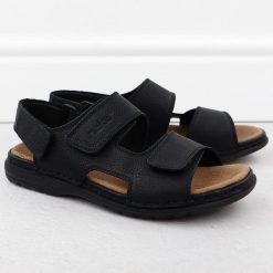 Skórzane sandały męskie komfortowe czarne Rieker 25558-01. Czarne sandały Rieker, ze skóry, bez zapięcia. Za 349.99 zł.