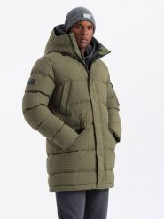Outdoorowa długa męska kurtka parka – oliwkowa V4 OM-JALJ-0201 - XL. Zielone kurtki Ombre Clothing, l, z aplikacjami, z gumy. W wyprzedaży za 249.99 zł.