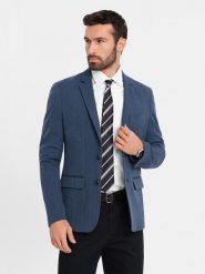 Elegancka marynarka męska SLIM FIT z rayonem – ciemnoniebieska V3 OM-BLZB-0135 - XXL. Niebieskie garnitury Ombre Clothing, na imprezę, l, bez wzorów, z materiału, eleganckie. Za 359.99 zł.