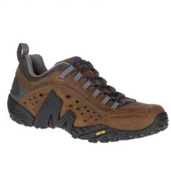 Buty trekkingowe męskie Merrell Intercept. Brązowe trekkingi Merrell, bez wzorów, z materiału, bez zapięcia. Za 629.99 zł.