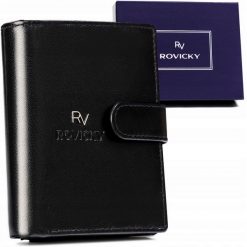 Portfel męski Rovicky czarny RV-7680056-9-L-BCA-4. Czarne portfele ROVICKY, bez wzorów, ze skóry. Za 70.00 zł.