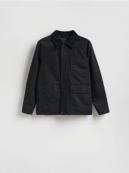 Kurtka z kołnierzem - czarny. Czarne kurtki Reserved, l, bez wzorów, z bawełny, bez kaptura. Za 179.99 zł.