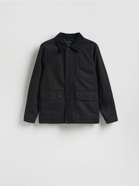 Kurtka z kołnierzem - czarny. Czarne kurtki Reserved, l, bez wzorów, z bawełny, bez kaptura. Za 179.99 zł.