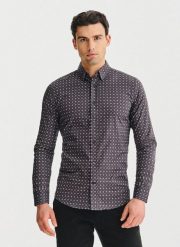 PAKO LORENTE - Brązowa koszula mikrowzór. Brązowe koszule Pako Lorente, na jesień, m, bez wzorów, z bawełny, bez kołnierzyka, bez ramiączek. Za 299.99 zł.