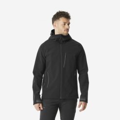 Kurtka Softshell trekkingowa męska Forclaz MT100. Czarne kurtki FORCLAZ, m, bez wzorów, z polaru, bez kaptura. Za 249.99 zł.