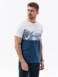 T-shirt meski dwukolorowy z nadrukiem w liście palmy - ciemnoniebieski V1 OM-TSPT-0177 - XXL. Niebieskie t-shirty Ombre Clothing, l, bez wzorów, z dzianiny, bez kołnierzyka, bez ramiączek. W wyprzedaży za 29.99 zł.